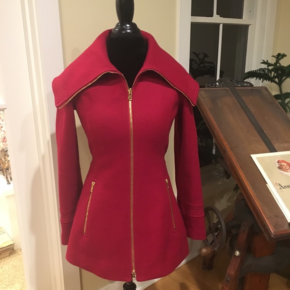 Trina Turk Red Wool Shawl Collar Gold Zipper Coat